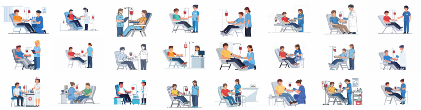 Diverse blood donation and transfusion scenes featuring male donors/patients and healthcare professionals in a hospital setting.