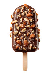 A chocolate ice cream cone with nuts on top, isolated on a transparent background