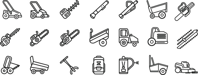 Gardening and Landscaping Power Tools Line Icon Set, vector illustration