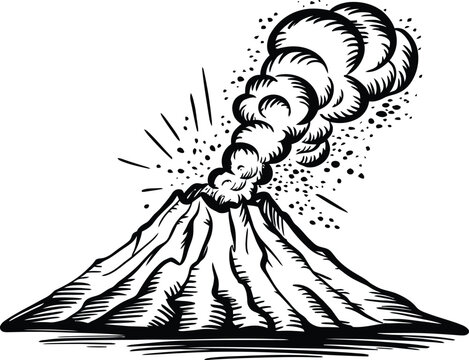 Hand drawn sketch of erupting volcano mountain in retro engraving style vector illustration