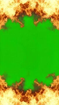 Vertical fiery frame with green screen background for visual effects compositing; animated flame border for video editing projects and overlays