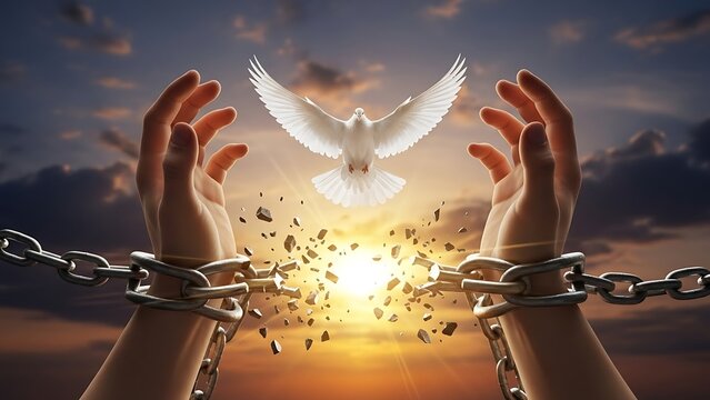 Hands releasing chains with a dove
