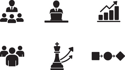 Silhouette management icon set vector EPS. Business strategy, planning and leadership symbols.