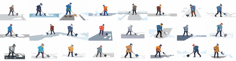 Set of vector illustrations showing people shoveling snow, performing winter clearance, maintenance, and manual labor after a heavy snowfall. © Sabiqul