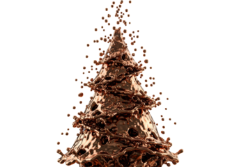 An intricate christmas tree structure dynamically frozen in a molten bronze splash, macro details, rim lighting on a pure black background. Concept of high contrast holiday elegance