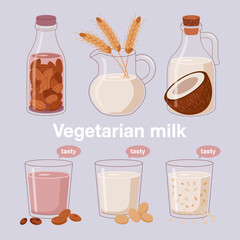 An array of different vegetarian milk options showcased in bottles and glasses, promoting healthy dietary choices and the growing trend of plant-based beverages.