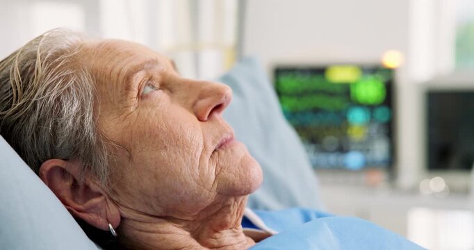 Senior woman, thinking and hospital with memory in ICU for healthcare, operation or recovery. Elderly, sad female person or wonder with dream, past or nostalgia for surgery or medical clinic care