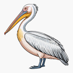 A detailed illustration of a white pelican standing gracefully showcases the beauty of nature and wildlife, emphasizing the elegance and charm of avian species in their habitat.