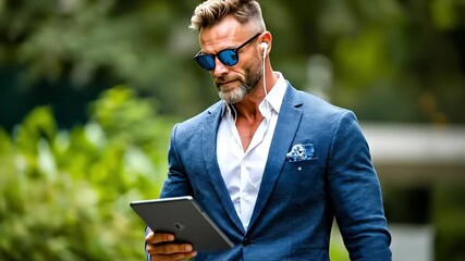 A man in a blue suit and sunglasses holding a tablet computer