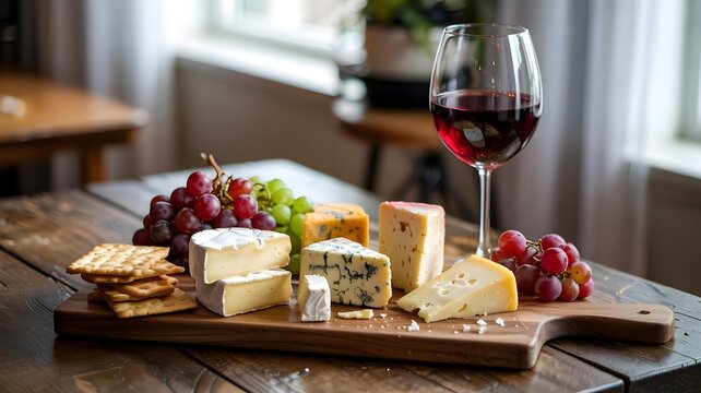 A rustic wooden board with an assortment of gourmet cheeses, fresh grapes, and crackers, accompanied by a glass of red wine