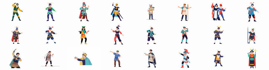 Diverse theatrical characters in historical costumes set, performing kings, knights, and medieval figures for drama or carnival.