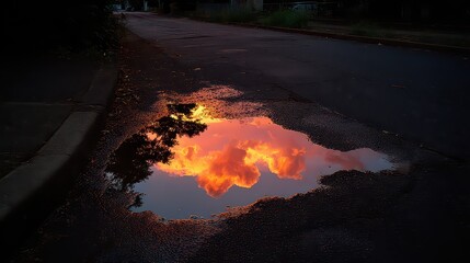 Evening Sky Reflection in Puddle on Asphalt Roadway Illuminated by Ambient Light