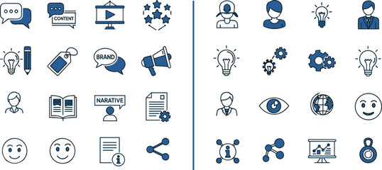 Communication and branding icons including content, customer service, ideas, narrative, innovation, analytics, and global connectivity in vector illustration set