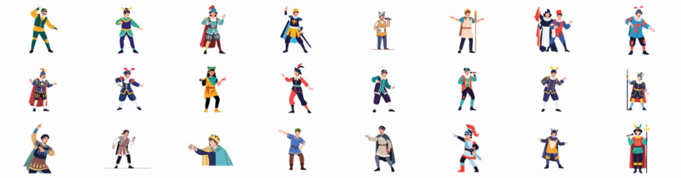 Diverse theatrical characters in historical costumes set, performing kings, knights, and medieval figures for drama or carnival.
