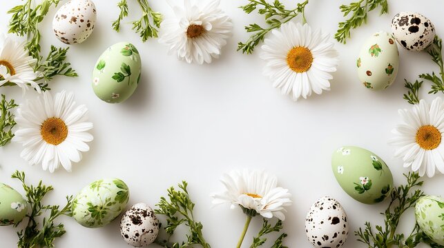 Spring easter celebration with decorative eggs and fresh white daisy flowers on a clean background - Powered by Adobe