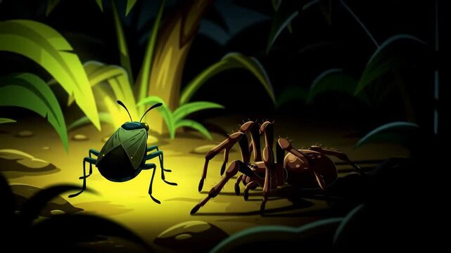 A vibrant insect and a hairy spider face each other in a dimly lit jungle scene