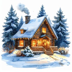 Cozy Log Cabin Snowy Winter Landscape