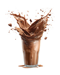 A glass of chocolate milk with chocolate powder on top, isolated on a transparent background