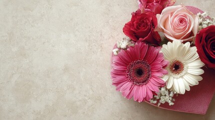 Floral Heart Arrangement with Roses and Gerberas on Textured Surface