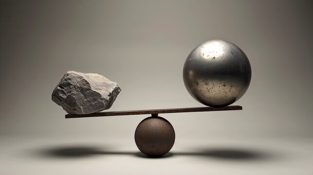 A metaphor of balance displayed, where a rock and a metallic sphere rest on a fulcrum, symbolizing different concepts
