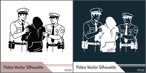 Police Officers Arresting Crime Suspect Vector Silhouette Illustration