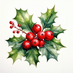 Vibrant Holly Leaves and Berries Watercolor