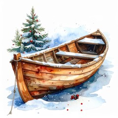 Snow-Covered Boat Beside Christmas Tree