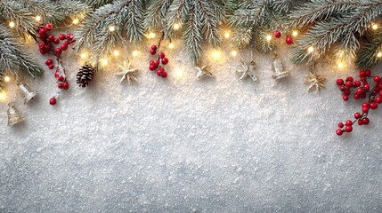 Festive christmas border with frosted fir branches, glowing lights, and ornaments on snow