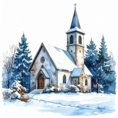 Snowy Church in Winter Landscape Illustration
