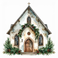 Festive Church Decorated with Holiday Wreaths