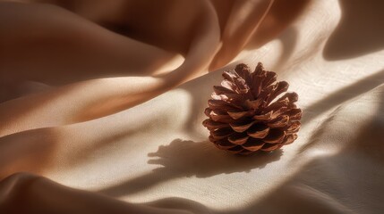 Glittering Pine Cone on Shimmering Golden Fabric with Soft Light and Shadows Creates Festive Holiday Still Life