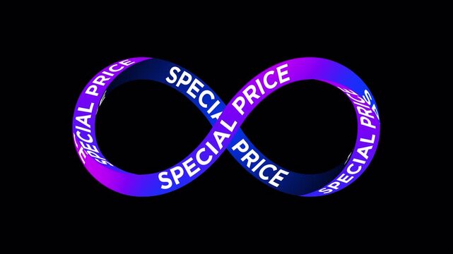 Special price text scrolling animation ribbon infinity 4k seamless animation on black background