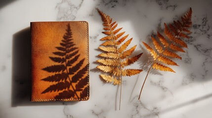 Golden Fern Imprint on Sequined Notebook with Fern Leaves on Marbled White Surface with Soft Shadows