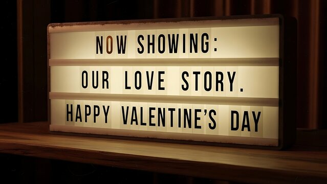 Happy valentines day our love story message on illuminated cinema style light box