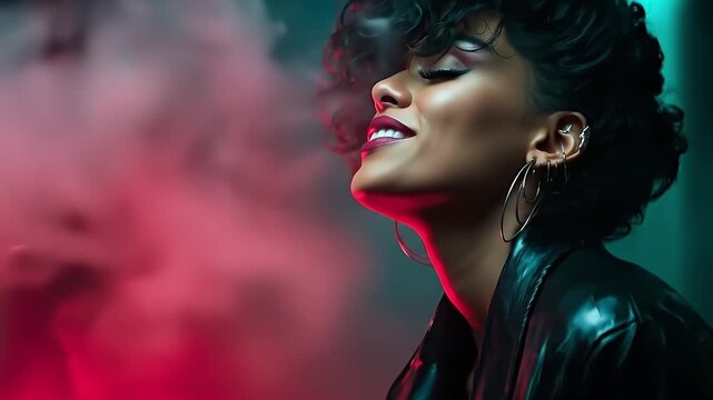 A woman in a leather jacket smoking a cigarette