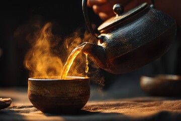 hot tea pouring from dark metal kettle into rustic clay cup