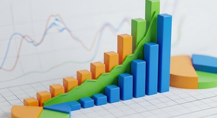 3d bar chart showing upward trend with line graph and pie chart in the background, representing financial growth and data analysis