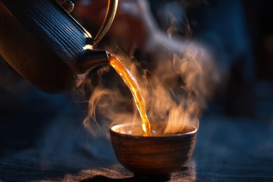 close-up of hot tea pouring from dark metal kettle into rustic clay cup - Powered by Adobe