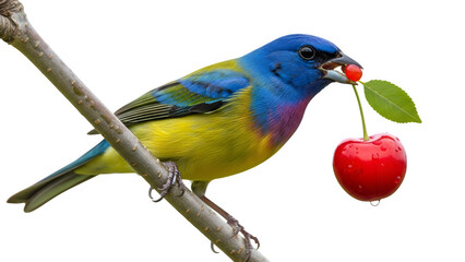 Obraz premium Brilliant painted bunting bird with striking blue yellow and magenta plumage holding a fresh ripe cherry isolated on black