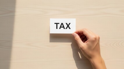 A hand placing a card with the word TAX on a wooden surface with a shadow