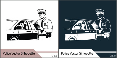 Police Officer Conducting Traffic Stop and Checking Driver Documents Vector Illustration