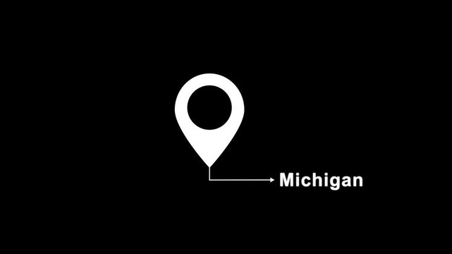 This is a United States state. location of the city of Michigan on black screen. location icon animation. Country GPS location tracking icon. location pin appearing.