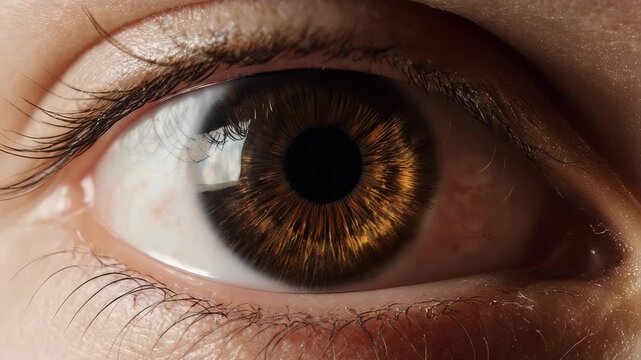 Extreme closeup of a human eye revealing intricate brown iris patterns