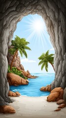 Pixel Art Cave Opening onto Tropical Beach Scene with Palm Trees and Sunlight