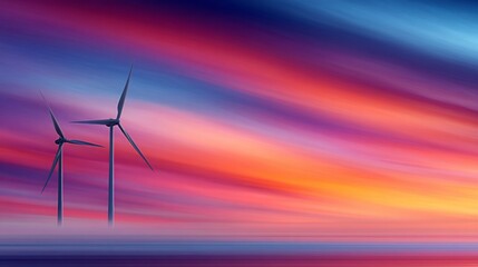 Two wind turbines stand proudly against the vibrant sky, where shades of orange, pink, and blue blend beautifully at dusk, creating a peaceful and colorful landscape