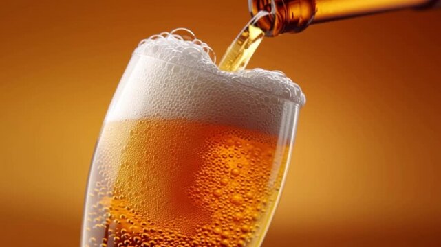 Cold craft light beer pouring to full glass, slow motion close up. Stream wheat malt beverage flowing in clear goblet making dense bubbling foam. Froth heady drink foaming on yellow background