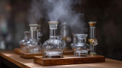 Clear glass laboratory vessels with steam rising on wooden stands