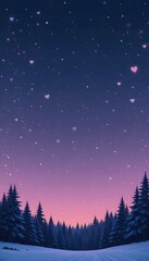 Fototapeta premium starry winter night sky with pink hearts over snowy pine forest background