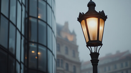 Illuminated vintage-style street lamp casts a warm glow against the cool backdrop of modern glass and historic architecture, evoking timeless ambiance. Evening scene.