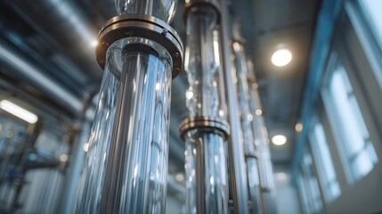 Clear glass columns and pipes with metallic fixtures in a bright modern industrial facility